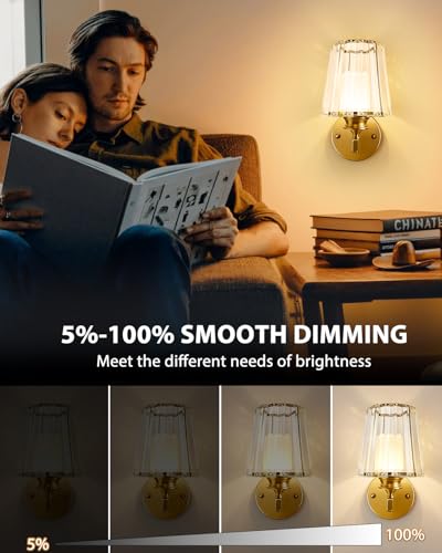 Adetu 10.4 Inch Crystal Wall Sconces Set of 2, Battery Operated Wall Sconce | 10000mAh Magnetic Bulbs and Remote, 5%-100% Dimmable, RGB Rechargeable Wall Lights for Bedroom Living Room Hallway Deco - color: Gold, size: 10.4 Inch