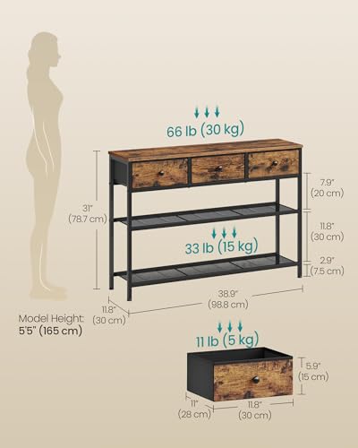 SONGMICS Console Table, Narrow Sofa Table with 2 Mesh Shelves | For Entryway, Living Room, 3 Fabric Drawers, Rustic Brown, BELLAH Collection ULGS098K101 - color: Rustic Brown, size: 11.8"D x 38.9"W x 31"H (3 Drawers)