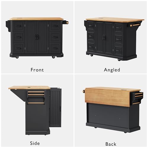 Rustic Rolling Kitchen Island with Drop Leaf, Built-in Charging Station & 6 Deep Drawers, 47" Farmhouse Mobile Cart for Dormitories, Offices, Bedrooms (Black/R1) - color: Black/R1
