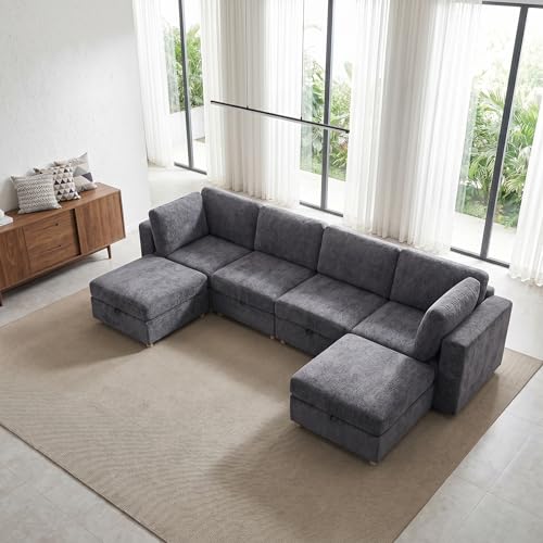 KEIKI Large Modular Sectional Couch with Hidden Storage Seats, Convertible 6 Seater Sleeper Sofa with Washable Covers and Ottoman, Modern Fabric Sofa for Home Theater, Lounge or Entertainment Room - size: 6-Seater