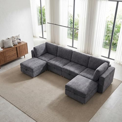 KEIKI Large Modular Sectional Couch with Hidden Storage Seats, Convertible 6 Seater Sleeper Sofa with Washable Covers and Ottoman, Modern Fabric Sofa for Home Theater, Lounge or Entertainment Room - size: 6-Seater
