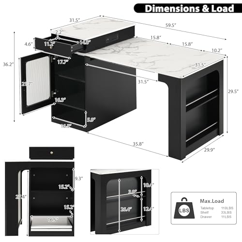 59.5" Kitchen Island with Extendable Dining Table, Kitchen Storage Table with Double-Sided Storage & 2 Drawers, Power Outlet, Side Open Shelves, for Dining Room (Black3) - color: Black3