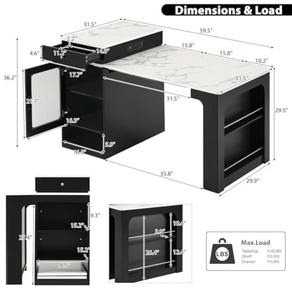 59.5" Kitchen Island with Extendable Dining Table, Kitchen Storage Table with Double-Sided Storage & 2 Drawers, Power Outlet, Side Open Shelves, for Dining Room (Black3) - color: Black3