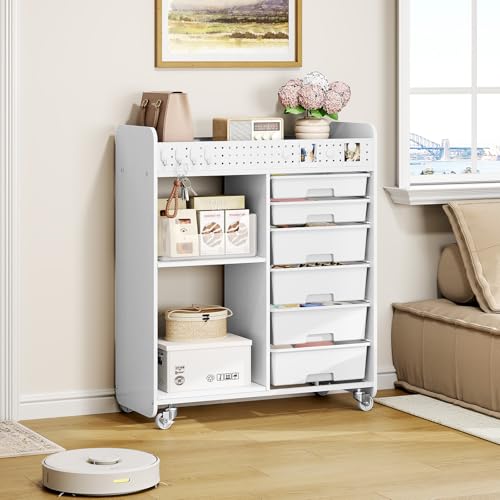 Rolling Craft Cart with 6 Drawers, Pegboard and Locking Wheels White | Ample multi-zone storage, 2 open shelves, art cart for classrooms, homeschool and offices, sturdy wood-metal frame - color: White