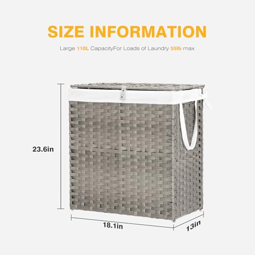 NEWBULIG 110L Extra Large Divided Laundry Hamper with Lid, 2 Section Collapsible Dirty Clothes Basket, Dual Removable Liner Bags for Bedroom, Bathroom, Closet and Dorm Room Organization Grey - color: Grey