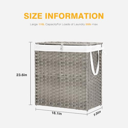 NEWBULIG 110L Extra Large Divided Laundry Hamper with Lid, 2 Section Collapsible Dirty Clothes Basket, Dual Removable Liner Bags for Bedroom, Bathroom, Closet and Dorm Room Organization Grey - color: Grey