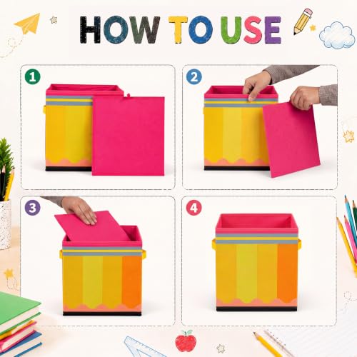 Crtiin 6 Pcs 11in Notebook Pencil Crayon Fabric Storage Bins Colorful Cubby Baskets with Handles Classroom Collapsible Cube Bins for Classroom Daycare Preschool Elementary Must Have (Stationery) - style: Stationery