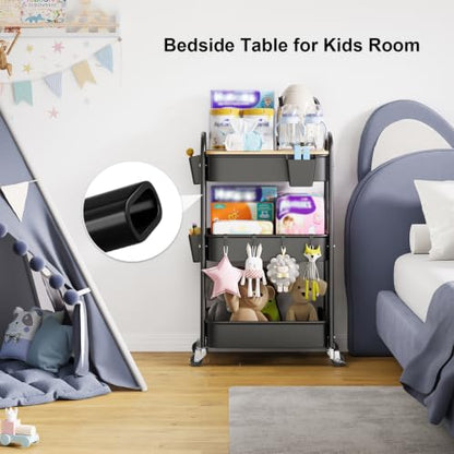 3 Tier Metal Rolling Cart with Wheels and Wooden Table Top, Three Tiered Craft Cart Organizer on Wheels, Black Storage Utility Carts for Art, Diaper Caddy, Baby Nursery, Office, Laundry, Snack, Book - color: Black
