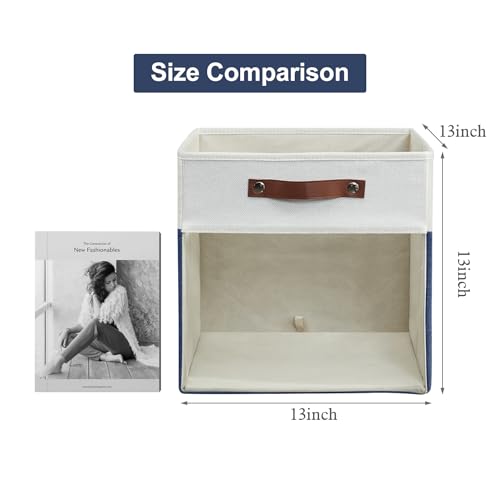 Storage Cubes, 4 Pack Linen Foldable Storage Bins (13 x 13 inch) with Clear Window and Handles, Fabric Organizer for Shelf Closet, Clothes, Books - (Navy Blue and White) - color: Navy Blue / Off-White, size: 13 x 13 x 13