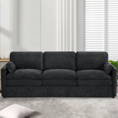 89" Chenille Soft Sofa w/Well-Filled Backrests, Black | Modern Couch w/Plump Pillows, 3 Seater Upholstered Couch w/Thick & Comfy Cushions for Living Room, Bedroom - color: Black, size: Sofa