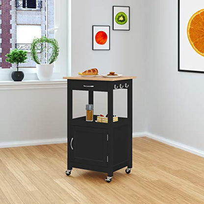 Kitchen Island Cart on Wheels, Black Base, Natural Hardwood Top | Drawer, Storage Cabinet, Shelf - color: Black