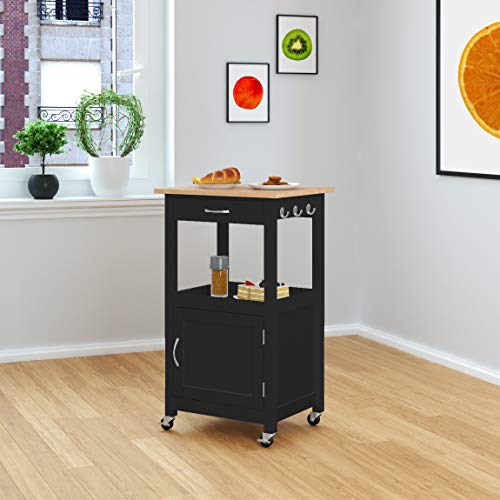 Kitchen Island Cart on Wheels, Black Base, Natural Hardwood Top | Drawer, Storage Cabinet, Shelf - color: Black