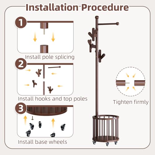 CozyDH Wooden Coat Rack Stand with Umbrella Holder and Wheels, Freestanding Hall Tree Coat Hanger with Multi Hooks, Heavy Duty Coat Tree for Entryway Bedroom Hallway Office, Walnut - color: Walnut, size: Round-15.7D×15.7W×72.8H