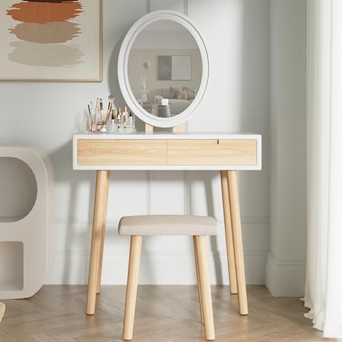 YOURLITE Makeup Vanity Desk with Lighted Mirror & Stool | 31.5" Makeup Table, 3 Lighting Modes, Adjustable Brightness, 2 Drawers, Cushioned Stool, Oval Mirror - size: 31.5", style: Oval Mirror Wood