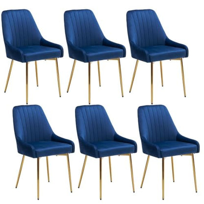 Blue Velvet Dining Chairs Set of 6, Modern Kitchen and Vanity Chairs | Modern upholstered vanity chairs with gold metal legs, stain-resistant hand-quilted fabric, high-density foam cushion seat - color: Blue, size: Set of 6