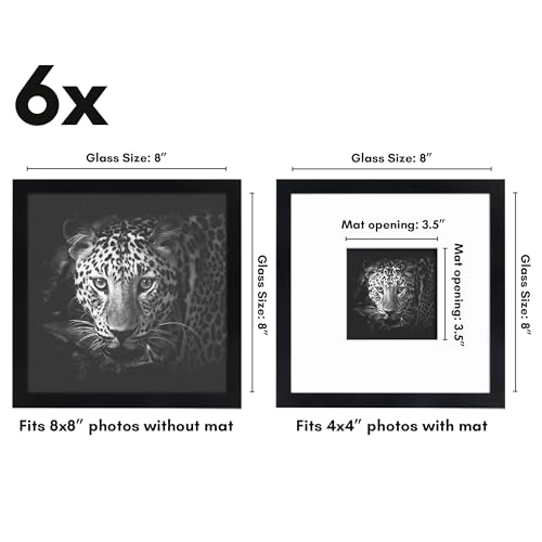 Americanflat 8x8 Picture Frame 6-Pack - Matted to 4x4 - Black | Engineered Wood construction, Shatter-resistant glass, wall or tabletop display with included easel, secure turn-tab backing - color: Black, size: 8X8, style: 6 Pack