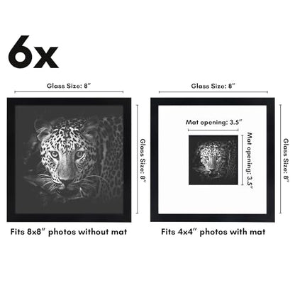 Americanflat 8x8 Picture Frame 6-Pack - Matted to 4x4 - Black | Engineered Wood construction, Shatter-resistant glass, wall or tabletop display with included easel, secure turn-tab backing - color: Black, size: 8X8, style: 6 Pack