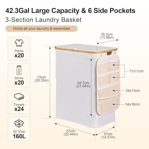 Laundry Basket 160L Laundry Hamper 3 Section, Large 42.3 Gal Separated Laundry Hamper with Lid & Removable Liners, laundry organizer with 6 Pockets & Handles for Bedroom Laundry Room, Beige - color: Beige