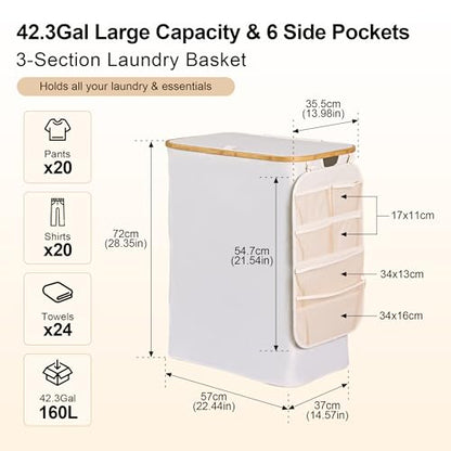 Laundry Basket 160L Laundry Hamper 3 Section, Large 42.3 Gal Separated Laundry Hamper with Lid & Removable Liners, laundry organizer with 6 Pockets & Handles for Bedroom Laundry Room, Beige - color: Beige