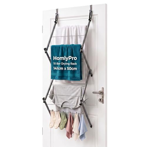 Over Door Clothes Drying Rack, 10 Bar Foldable Hanging Drying Rack, Space Saving Laundry Organizer, Heavy Duty Clothes Airer Indoor & Outdoor Garment Storage Solution (Grey)