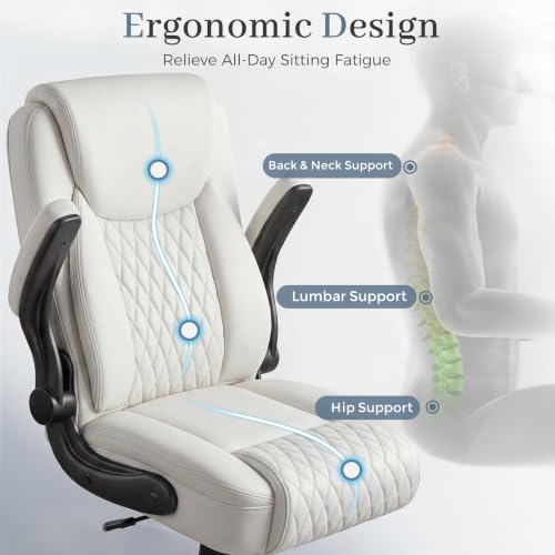 GTPOFFICE Executive Office Chair with Comfortable Lumbar Support, Ergonomic Gaming Chair with Flip-up Armrests & Zoned Pressure-Relief Cushion, Comfy PU Leather Desk Chair, White - color: White