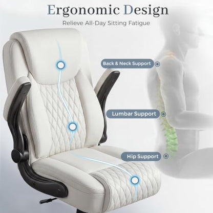 GTPOFFICE Executive Office Chair with Comfortable Lumbar Support, Ergonomic Gaming Chair with Flip-up Armrests & Zoned Pressure-Relief Cushion, Comfy PU Leather Desk Chair, White - color: White