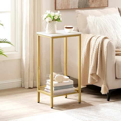 HOOBRO Tall Side Table, Industrial End Telephone Table with Adjustable Mesh Shelves, Small Tall Nightstand for Living Room, Bedroom, Entryway, Office, White and Gold DW03DH01 - color: White + Gold