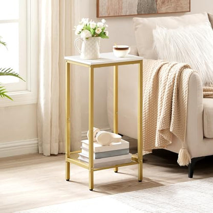 HOOBRO Tall Side Table, Industrial End Telephone Table with Adjustable Mesh Shelves, Small Tall Nightstand for Living Room, Bedroom, Entryway, Office, White and Gold DW03DH01 - color: White + Gold