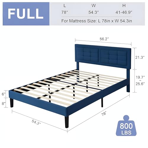VECELO Full Size Bed Frame, Adjustable Upholstered Button Tufted Headboard, Heavy-Duty Bedframe with Wood Slats Support, No Box Spring Needed, Aegean Blue - color: Aegean Blue, size: Full, style: Bed Frame