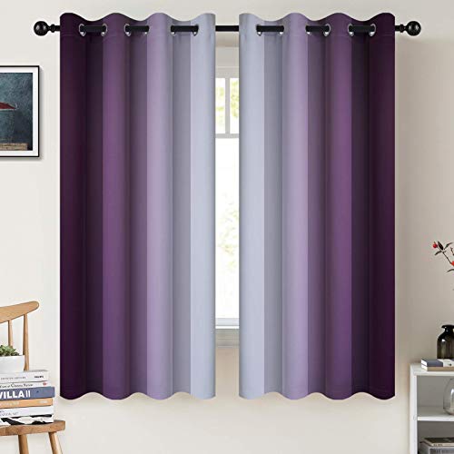 COSVIYA Grommet Room Darkening Ombre Purple Curtains W52xL63 inch | Purple and Greyish White Gradient Drapes, Light Blocking, Insulated Thermal Window Curtains for Bedroom/Living Room,2 Panels - color: Purple to Grayish White, size: 52"W x 63"L (Pack of 2