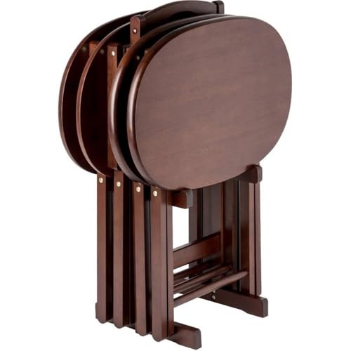 Pemberly Row 5-Piece Solid Wood Snack Table Set, Oval Shape, Cappuccino Finish, Includes Storage Stand, Portable Folding Tables for Living Room or Home Office
