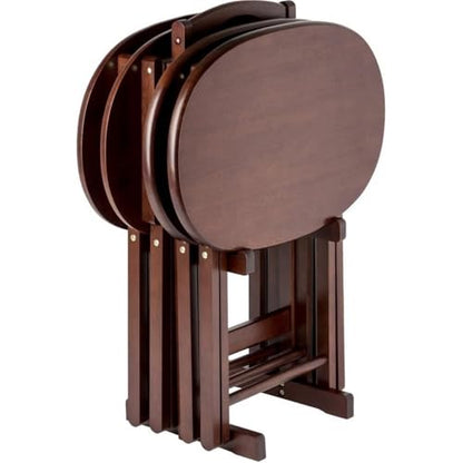 Pemberly Row 5-Piece Solid Wood Snack Table Set, Oval Shape, Cappuccino Finish, Includes Storage Stand, Portable Folding Tables for Living Room or Home Office
