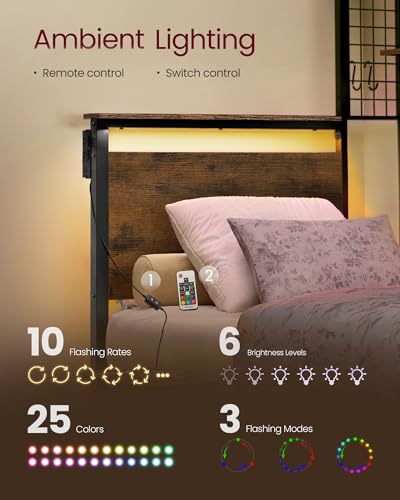 VASAGLE Twin Size Metal Bed Frame with Headboard, Multifunctional Storage, Built-in LED Lights, Charging Station, Bookshelf, Bedside Shelf, Space-Saving, No Box Spring Needed, Rustic Brown URMB963K02 - color: Rustic Brown