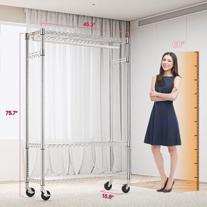 M MZG Heavy Duty Rolling Garment Rack 3 Tiers Adjustable Wire Shelving Clothes Rack with 1 Rods and Side Hooks,Storage Closet Clothing Rack with Wheels Chrome 15.7" D x 45.3" W x 75.6" H - color: Chrome, size: 3 Tier and 1 Rod 15.7"D x 45.3"W x 75.6"H