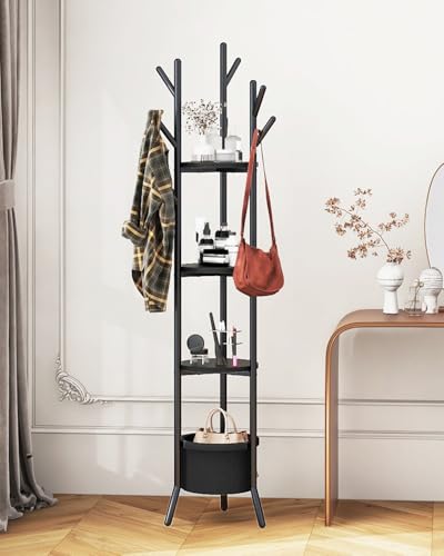 YMYNY Coat Rack, Freestanding Coat Stand with Storage Shelves, Hall Trees with 3 Wooden Shelves and 1 Fabric Basket, Metal Clothes Stand for Hats Bags Hallway Bedroom Black UHGR005B - color: Black