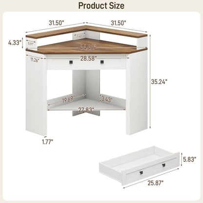 Small Corner Desk, Triangle Computer Desk for Small Space, Rustic White | 31.5" Corner Desk with Drawer and Monitor Stand, Farmhouse Computer Desk with Storage Shelf for Home Office, Living Room