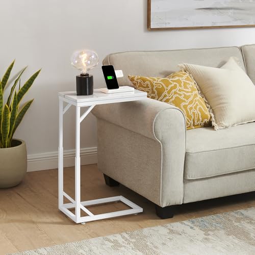 C-Shaped End Table, Small Sofa Table with Metal Frame, Adjustable Height Side Table for Couch, Living Room, Bedroom, Bedside (White, Small) - color: White, size: Small