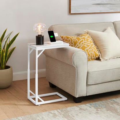 C-Shaped End Table, Small Sofa Table with Metal Frame, Adjustable Height Side Table for Couch, Living Room, Bedroom, Bedside (White, Small) - color: White, size: Small