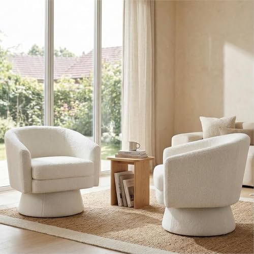 HNY Set of 2 Swivel Barrel Accent Chair, White Boucle | 360° Swivel Cozy Vanity Armchair, Sherpa Round Lounge Reading Chair, Comfy Club Side Chair - size: 2 Chairs