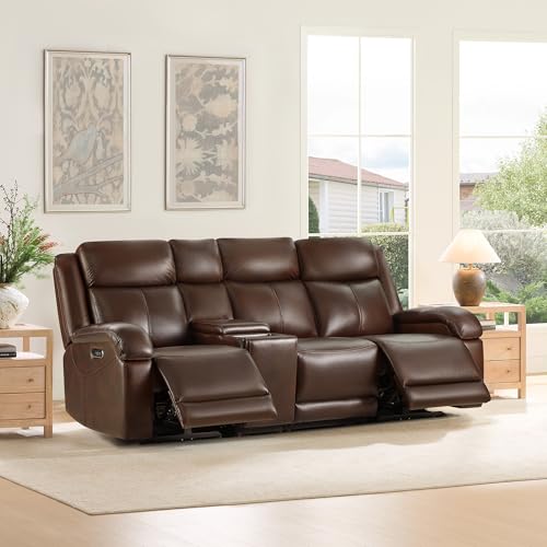 Watson & Whitely Wall Hugger Power Reclining Sofa with Console, Brown | Genuine Leather Recliner Sofa, Power Headrests, Center Storage Console, Cup Holders, 3-Seater Couch, Living Room & RV - color: Dark Brown, style: 3 Seater Sofa (with console)