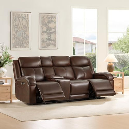 Watson & Whitely Wall Hugger Power Reclining Sofa with Console, Brown | Genuine Leather Recliner Sofa, Power Headrests, Center Storage Console, Cup Holders, 3-Seater Couch, Living Room & RV - color: Dark Brown, style: 3 Seater Sofa (with console)