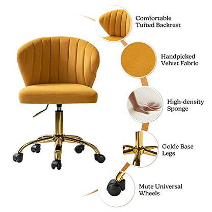 TINA'S HOME Office Desk Chairs with Wheels & Gold Base, Modern Velvet Cute Armless Office Chair, Adjustable Low Back Swivel Rolling Chair, Upholstered Task Chair for Living Room Vanity Study-Mustard | Modern Velvet Cute Armless Office Chair, Adjustable Lo