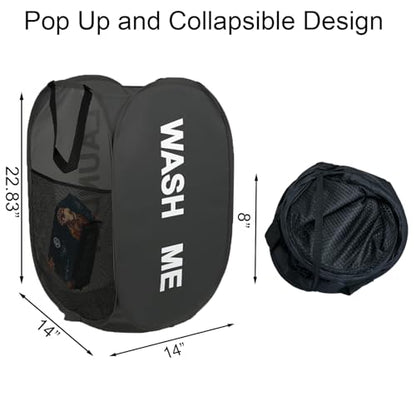 2Pack Mesh Pop Up Laundry Hamper, Foldable Laundry Basket with Side Pocket for Bedroom, Laundry Room, Travel, Cruise (Black+Blue) - color: Black + Sky Blue