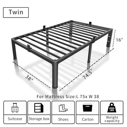 ROIL 16 Inch Twin Bed Frame with Rounded Corner & 4 Mattress Baffles | Easy Assembly, Noise Free, 3500LBS Load Capacity,No Box Spring Needed, 14.4" Storage Space, Headboard Hole, Heavy Duty Steel - size: Twin, style: 16 Inch