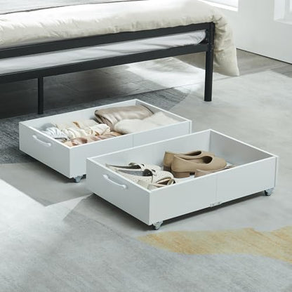 2-Pack Under Bed Storage Drawers Organizer with Wheels, White | 58L total capacity, 80 lb per Drawer, Fits 6 in Bed Clearance, Rolling Drawers for Shoes, Clothes, Linens, Toys - color: White