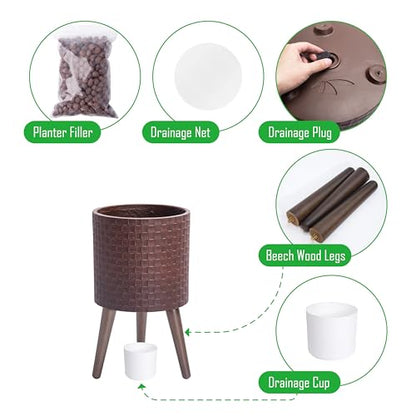 D'vine Dev Planter Pot with Wood Stand, 10 in, Espresso, 88-Z-B-6 | Mid-Century Modern Style, Elevated Plant Display, Drainage Hole and Plug, Functional & Stylish, Modern Indoor Planter - color: Espresso, size: Medium