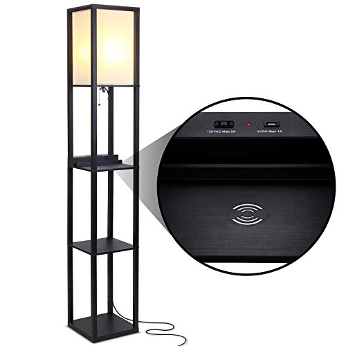 Brightech Maxwell – Modern Shelf Floor Lamp with USB Ports, Wireless Charging & Outlet – Versatile Corner Display and Lamp with Shelves, Storage Solution for Living Room, Office, Bedroom – Black - color: Black