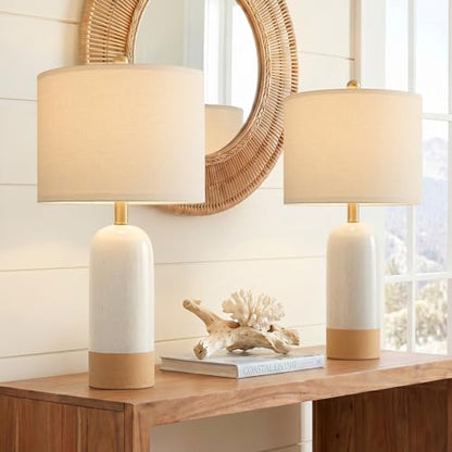 PoKat 24'' White Ceramic Table Lamps Set of 2, Farmhouse for Living Room | Modern Bedside Lamps for Bedroom, Two-Tones Design, Earthy Yellow Base, Splatter Pattern, Boho Lamps for Nightstand, Entryway - color: White & Earthy Yellow