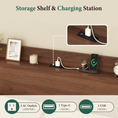 Queen Size Bed Frame with Storage Headboard & 2 Drawers, Mid-Century Modern Platform Bed with Charging Station & Shelf, Wooden Slat Support, No Box Spring Needed (Queen (U.S. Standard)) - size: Queen (U.S. Standard)