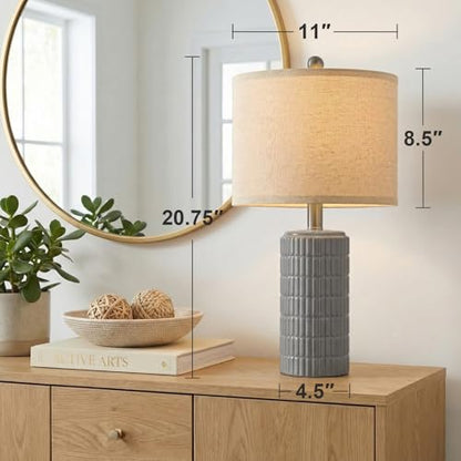 PoKat 20.75'' Ceramic Small Table Lamps for Bedroom, Modern Dark Gray Bedside Lamps Set of 2, Farmhouse Lamps for Living Room with Linen Lampshade for Night Stands Guest Room Side End Table Console - color: Dark Grey